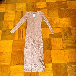 Beige long sleeve maxi dress with slit to knee